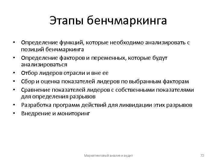 Этапы бенчмаркинга • Определение функций, которые необходимо анализировать с позиций бенчмаркинга • Определение факторов