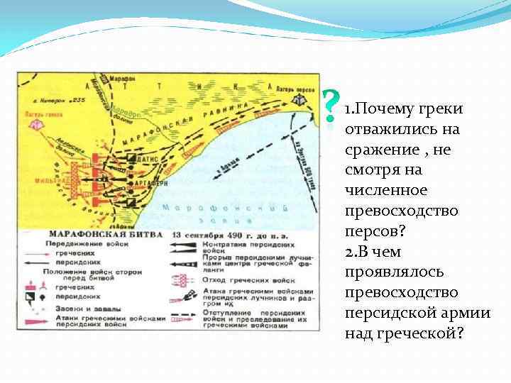 1. Почему греки отважились на сражение , не смотря на численное превосходство персов? 2.