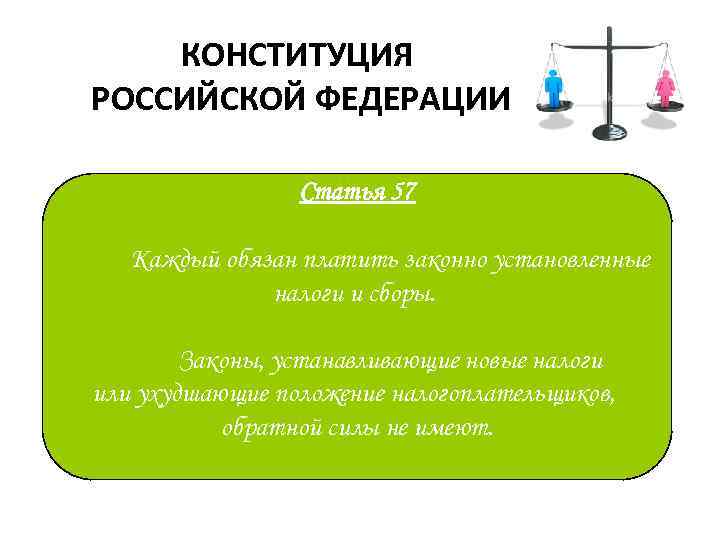 КОНСТИТУЦИЯ РОССИЙСКОЙ ФЕДЕРАЦИИ Статья 57 Каждый обязан платить законно установленные налоги и сборы. Законы,