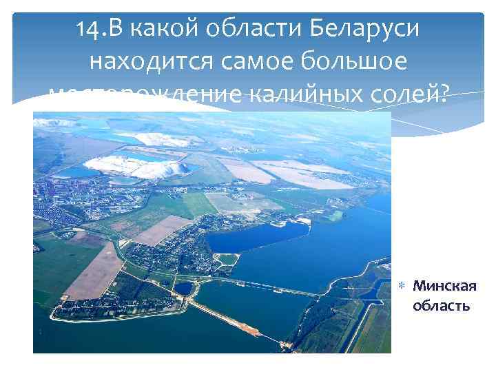 14. В какой области Беларуси находится самое большое месторождение калийных солей? Минская область 