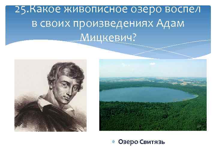 25. Какое живописное озеро воспел в своих произведениях Адам Мицкевич? Озеро Свитязь 