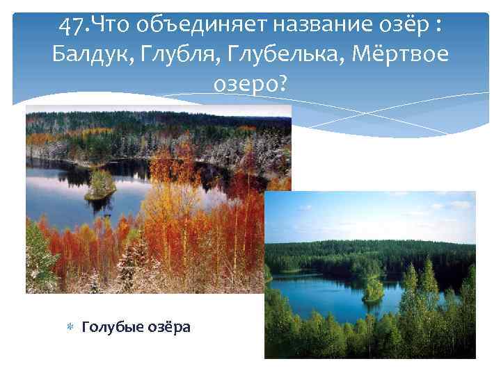 47. Что объединяет название озёр : Балдук, Глубля, Глубелька, Мёртвое озеро? Голубые озёра 