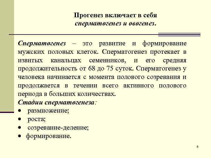 Прогенез включает в себя сперматогенез и овогенез. Сперматогенез – это развитие и формирование мужских