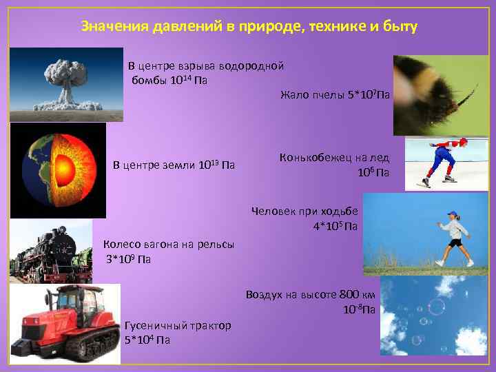 Значения давлений в природе, технике и быту В центре взрыва водородной бомбы 1014 Па