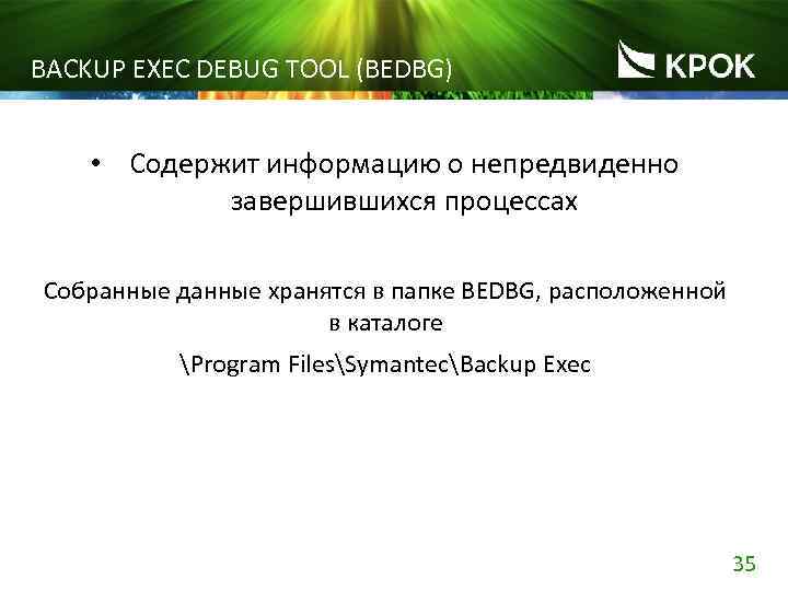 BACKUP EXEC DEBUG TOOL (BEDBG) • Содержит информацию о непредвиденно завершившихся процессах Собранные данные