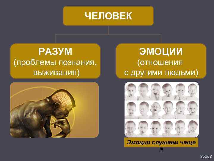ЧЕЛОВЕК РАЗУМ ЭМОЦИИ (проблемы познания, выживания) (отношения с другими людьми) Эмоции слушаем чаще !!!