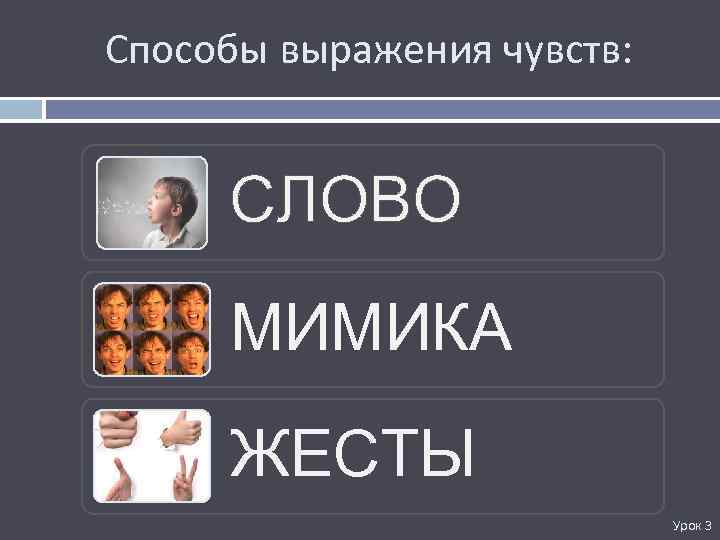 Способы выражения чувств: СЛОВО МИМИКА ЖЕСТЫ Урок 3 