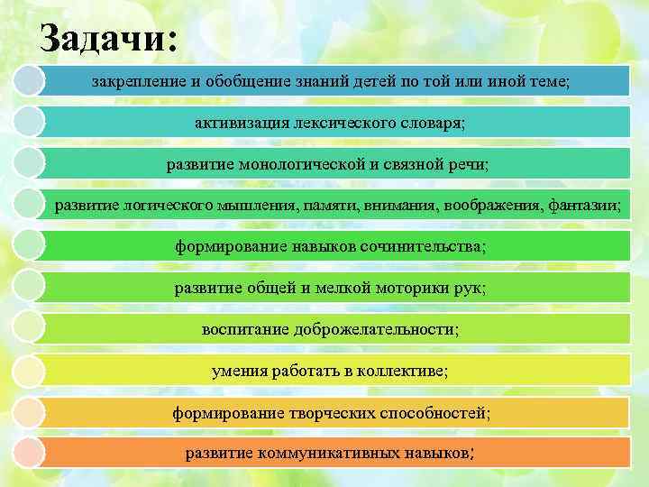 Задачи: закрепление и обобщение знаний детей по той или иной теме; активизация лексического словаря;