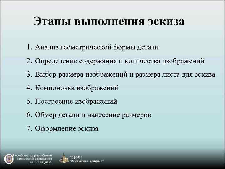 Этапы выполнения эскиза 1. Анализ геометрической формы детали 2. Определение содержания и количества изображений