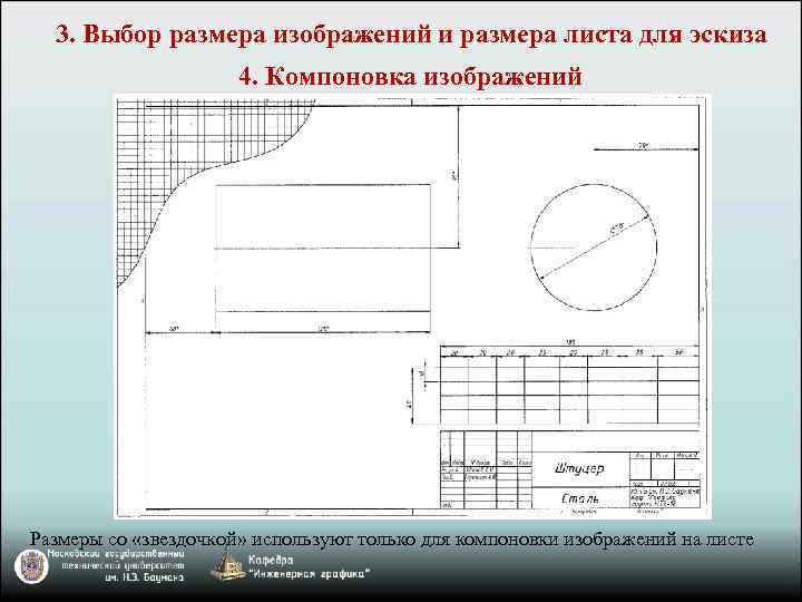 3. Выбор размера изображений и размера листа для эскиза 4. Компоновка изображений Размеры со