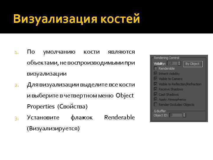 Визуализация костей 1. По умолчанию кости являются объектами, не воспроизводимыми при визуализации 2. Для