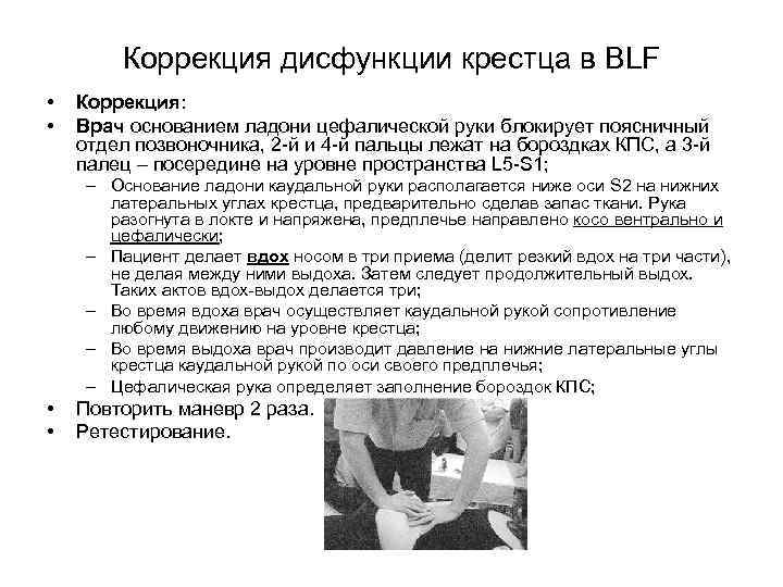 Коррекция дисфункции крестца в BLF • • Коррекция: Врач основанием ладони цефалической руки блокирует