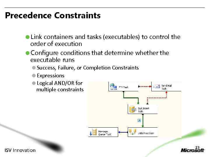 Precedence Constraints Link containers and tasks (executables) to control the order of execution Configure