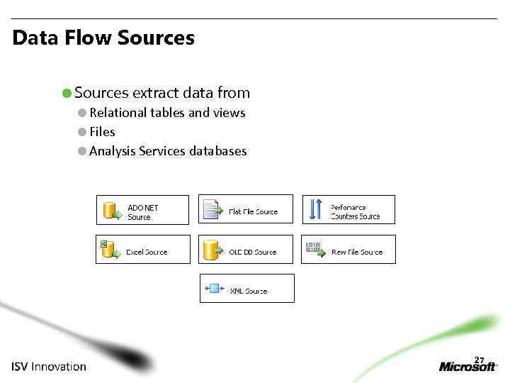 Data Flow Sources extract data from Relational tables and views Files Analysis Services databases