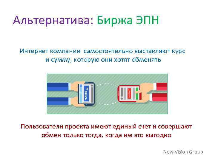 Альтернатива: Биржа ЭПН Интернет компании самостоятельно выставляют курс и сумму, которую они хотят обменять