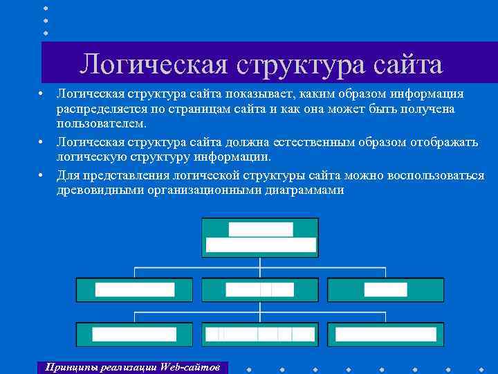 Логическая структура сайта • Логическая структура сайта показывает, каким образом информация распределяется по страницам