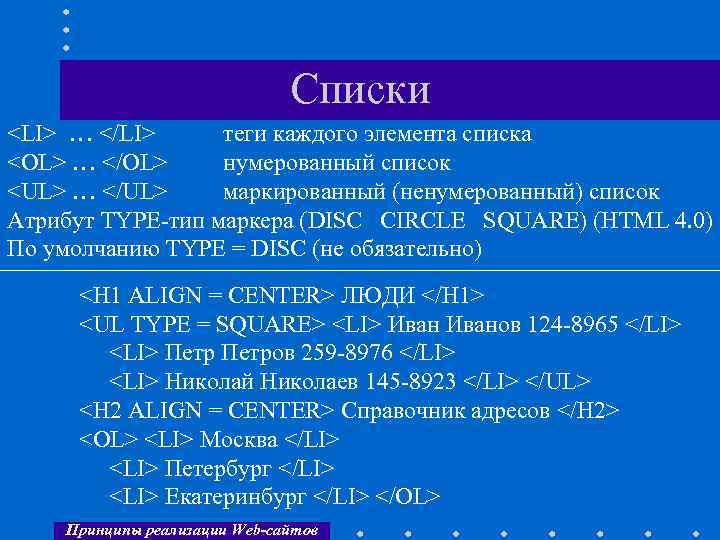 Списки <LI> … </LI> теги каждого элемента списка <OL> … </OL> нумерованный список <UL>