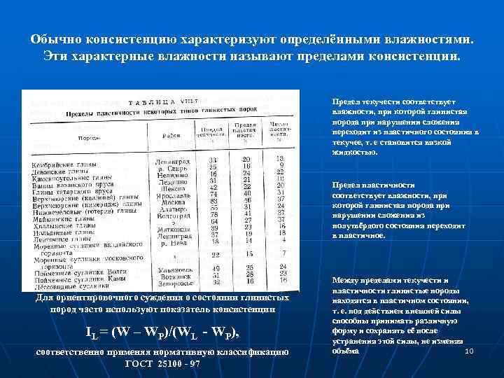 Обычно консистенцию характеризуют определёнными влажностями. Эти характерные влажности называют пределами консистенции. Предел текучести соответствует