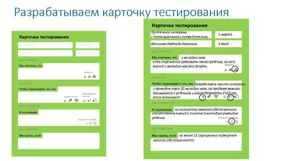 Разрабатываем карточку тестирования Проблемное интервью с потенциальными потребителями 1 марта Женихова Надежда Ивановна 5