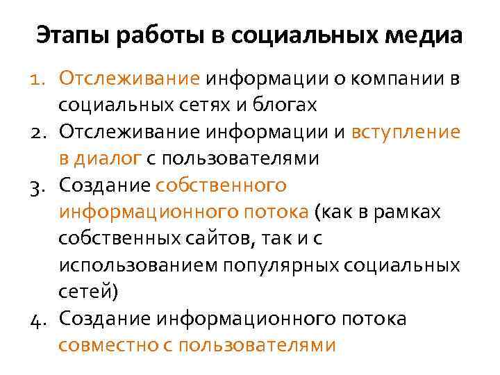 Этапы работы в социальных медиа 1. Отслеживание информации о компании в социальных сетях и