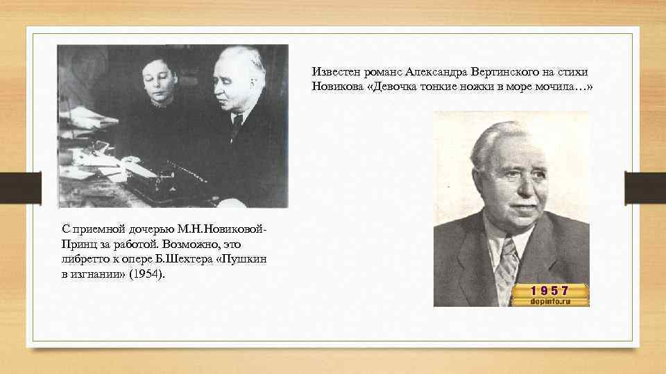 Известен романс Александра Вертинского на стихи Новикова «Девочка тонкие ножки в море мочила…» С