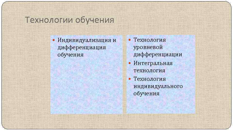 Технологии обучения Индивидуализация и дифференциация обучения Технология уровневой дифференциации Интегральная технология Технология индивидуального обучения