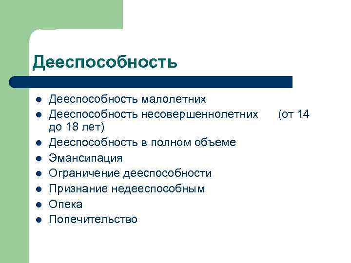 Дееспособность l l l l Дееспособность малолетних Дееспособность несовершеннолетних до 18 лет) Дееспособность в