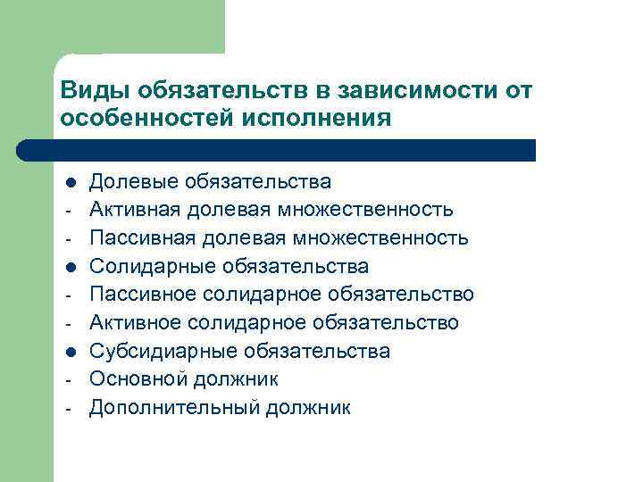 Виды обязательств в зависимости от особенностей исполнения l l l - Долевые обязательства Активная