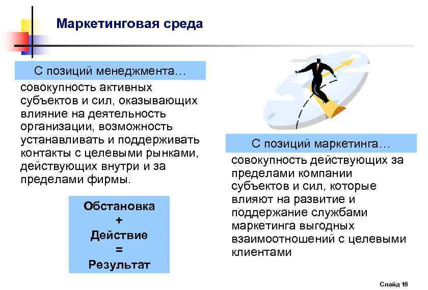 Маркетинговая среда С позиций менеджмента… совокупность активных субъектов и сил, оказывающих влияние на деятельность