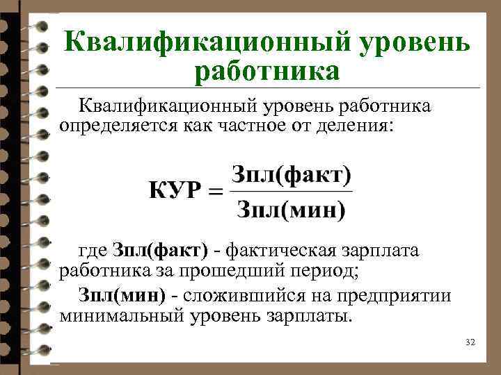 Квалификационный уровень работника определяется как частное от деления: где Зпл(факт) фактическая зарплата работника за