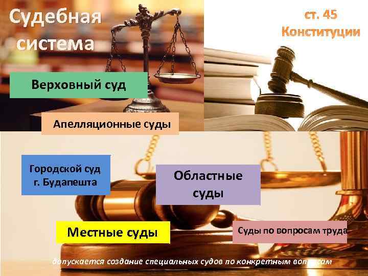 Судебная система ст. 45 Конституции Верховный суд Апелляционные суды Городской суд г. Будапешта Местные