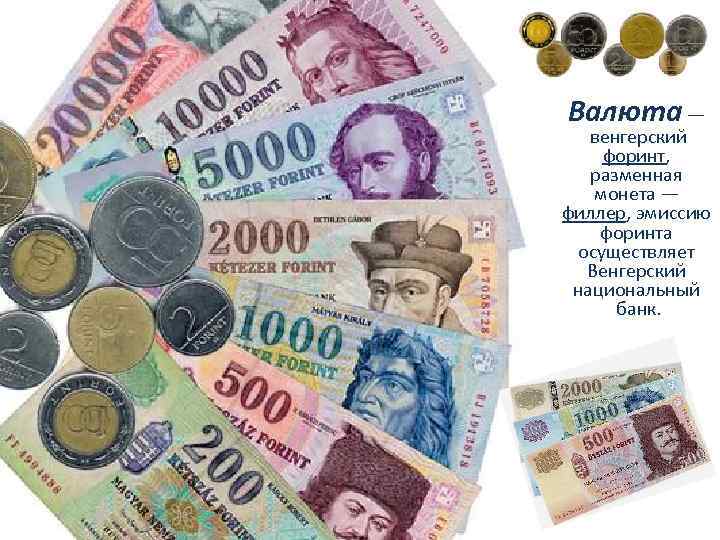 Валюта — венгерский форинт, разменная монета — филлер, эмиссию форинта осуществляет Венгерский национальный банк.
