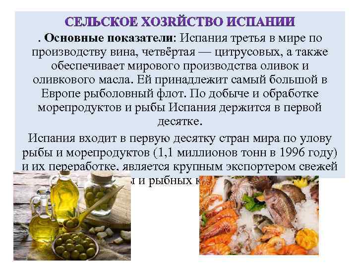 . Основные показатели: Испания третья в мире по производству вина, четвёртая — цитрусовых, а