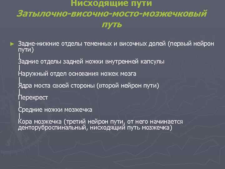 Нисходящие пути Затылочно-височно-мосто-мозжечковый путь ► Задне-нижние отделы теменных и височных долей (первый нейрон пути)