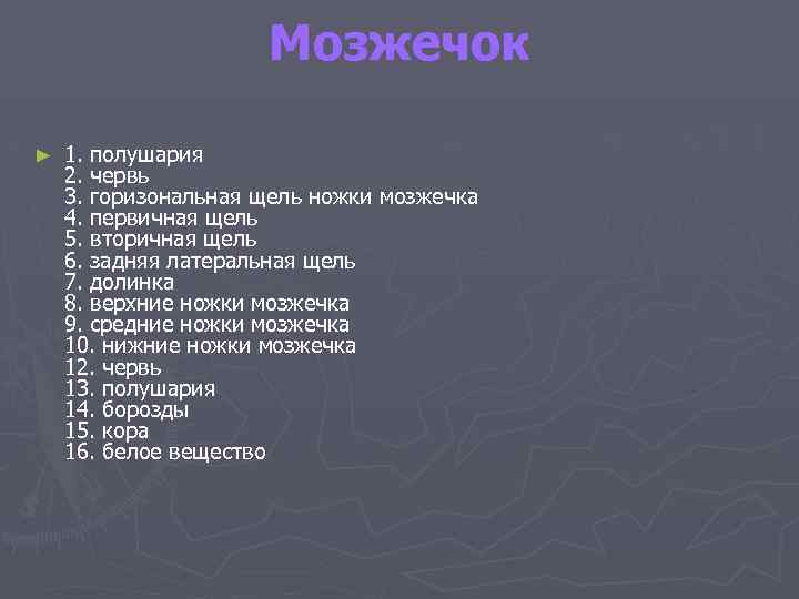 Мозжечок ► 1. полушария 2. червь 3. горизональная щель ножки мозжечка 4. первичная щель