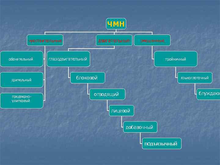 ЧМН двигательные чувствительные обонятельный зрительный предверноулитковый смешанные глазодвигательный тройничный блоковой языкоглоточный блуждающ отводящий лицевой