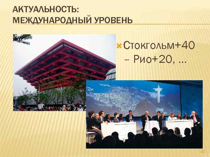 АКТУАЛЬНОСТЬ: МЕЖДУНАРОДНЫЙ УРОВЕНЬ Стокгольм+40 – Рио+20, … 10 