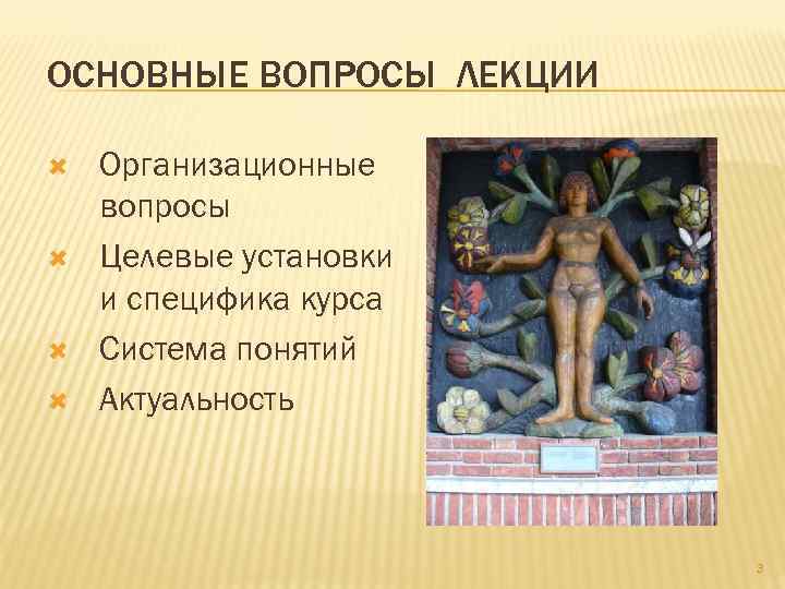 ОСНОВНЫЕ ВОПРОСЫ ЛЕКЦИИ Организационные вопросы Целевые установки и специфика курса Система понятий Актуальность 3