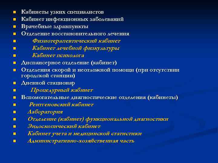 n n n n n Кабинеты узких специалистов Кабинет инфекционных заболеваний Врачебные здравпункты Отделение