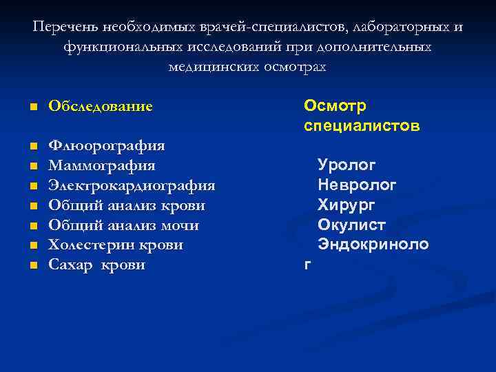 Перечень необходимых врачей-специалистов, лабораторных и функциональных исследований при дополнительных медицинских осмотрах n Обследование n