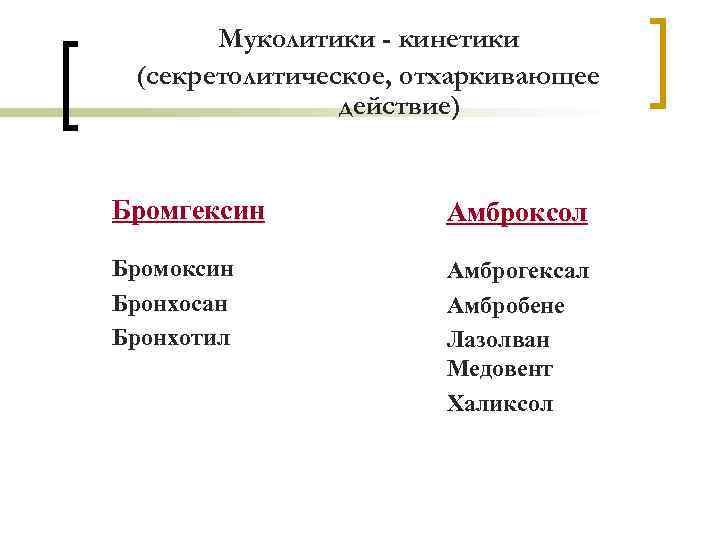 Муколитики - кинетики (секретолитическое, отхаркивающее действие) Бромгексин Амброксол Бромоксин Бронхосан Бронхотил Амброгексал Амбробене Лазолван