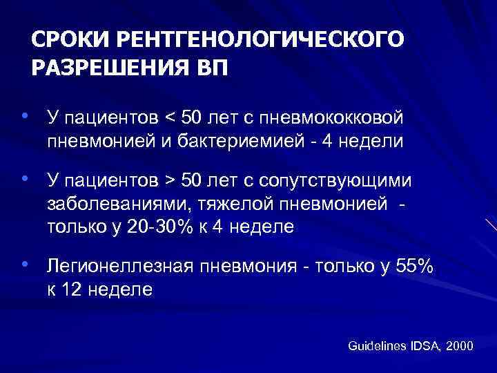 СРОКИ РЕНТГЕНОЛОГИЧЕСКОГО РАЗРЕШЕНИЯ ВП • У пациентов < 50 лет с пневмококковой пневмонией и