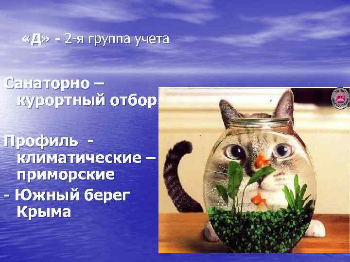  «Д» - 2 -я группа учета Санаторно – курортный отбор Профиль климатические –