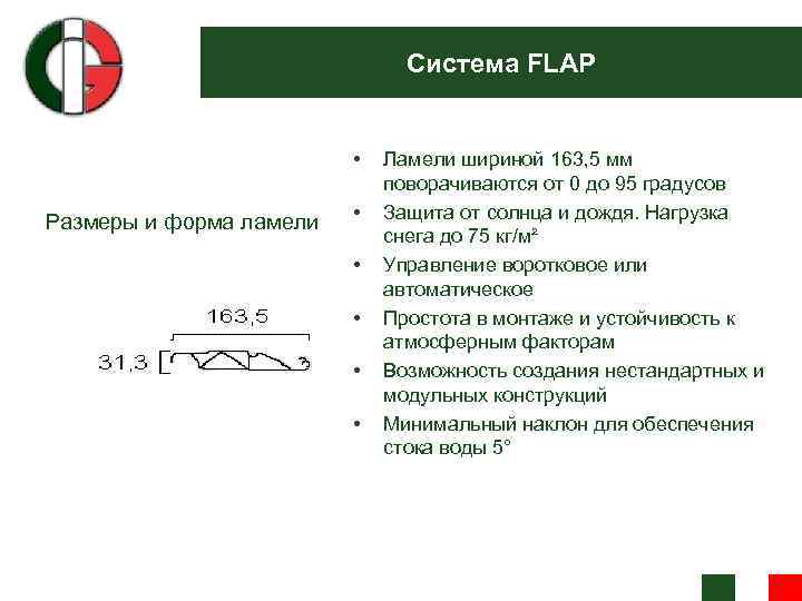 Система FLAP • Размеры и форма ламели • • • Ламели шириной 163, 5