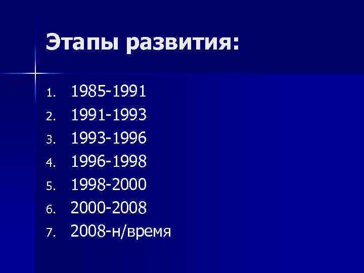 Этапы развития: 1. 2. 3. 4. 5. 6. 7. 1985 -1991 -1993 -1996 -1998