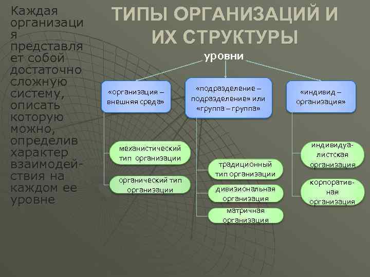 Каждая организаци я представля ет собой достаточно сложную систему, описать которую можно, определив характер