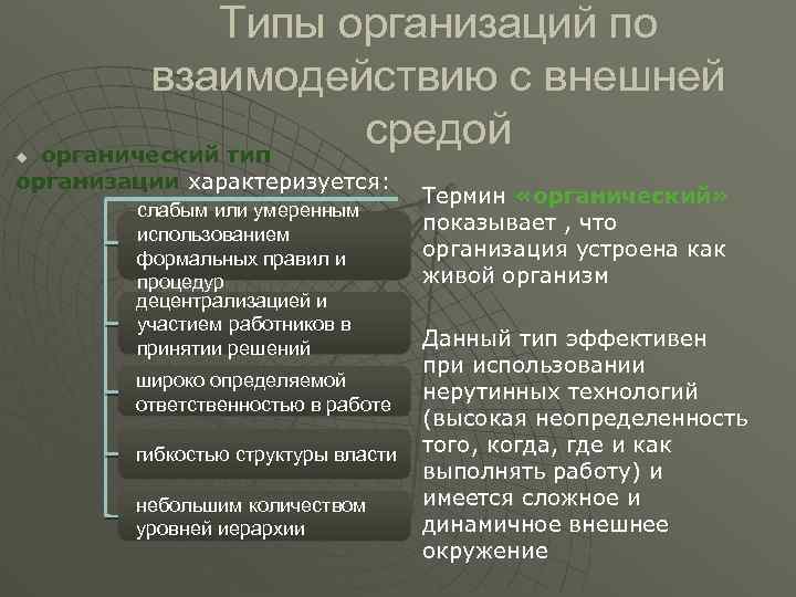 u Типы организаций по взаимодействию с внешней средой органический тип организации характеризуется: слабым или