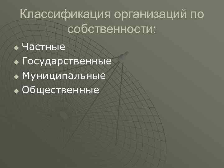 Классификация организаций по собственности: Частные u Государственные u Муниципальные u Общественные u 