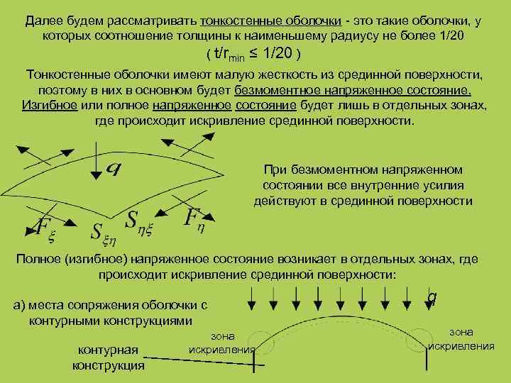 Далее будем рассматривать тонкостенные оболочки - это такие оболочки, у которых соотношение толщины к