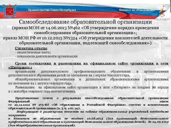 Самообследование образовательной организации Правительство Санкт-Петербурга Комитет по образованию Самообследование образовательной организации (приказ МОН от